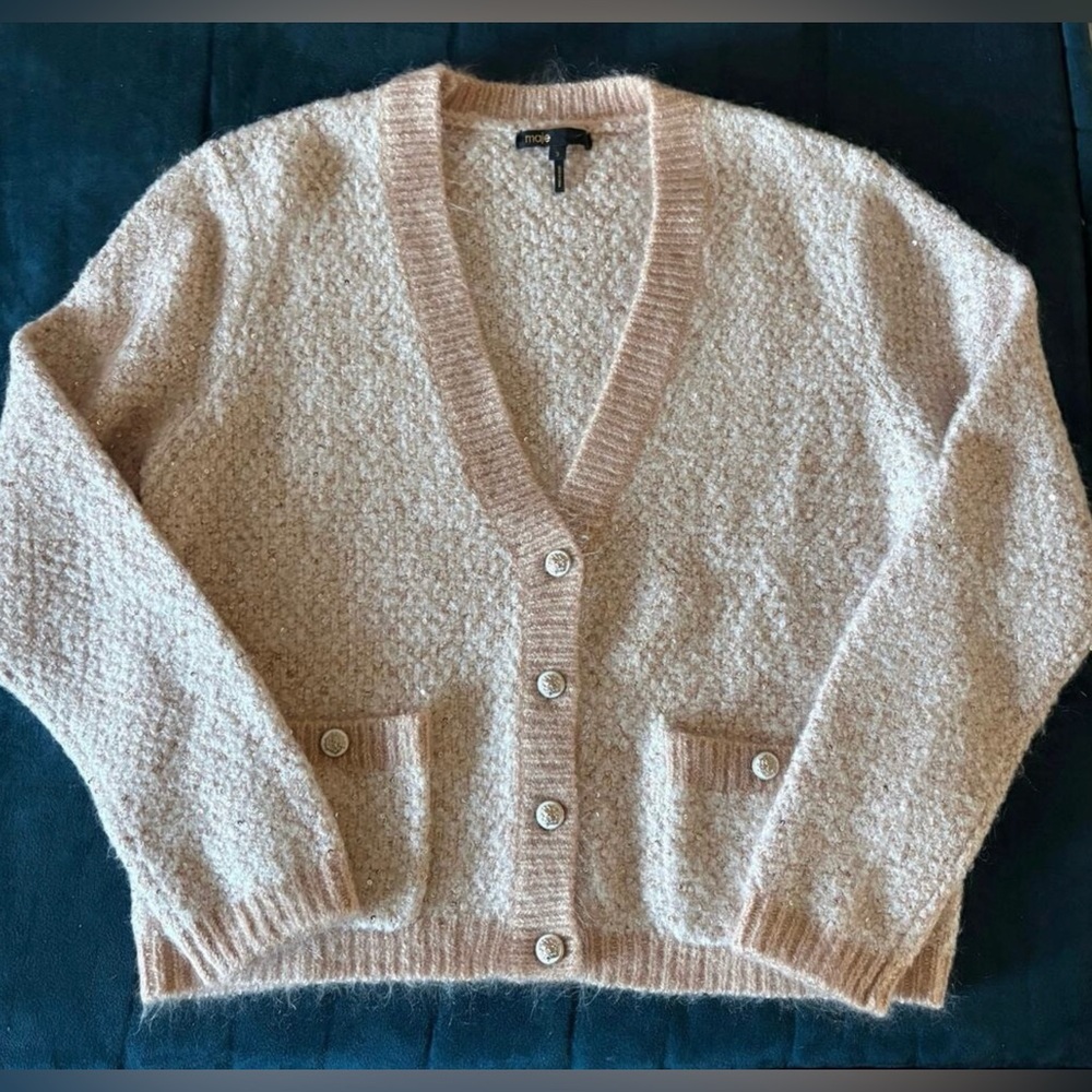 Maje Blush-Pink Cream V-Neck Button Cardigan Size 3 / M